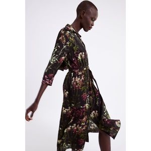 Zara Black Floral V Neck Midi Dress Sz M